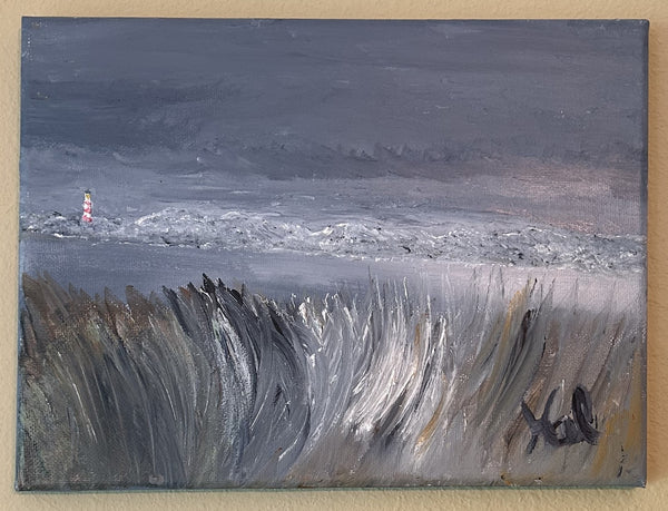 LIGHTHOUSE IN THE WINTER- ORIGINAL MIXED MEDIA PAINTING ARTWORK - UNIQUE 12"X9"5/8"