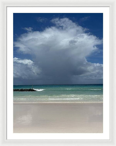 Storm Clouds Over Tranquil Beach - Framed Print