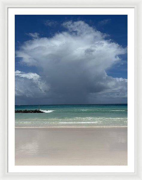 Storm Clouds Over Tranquil Beach - Framed Print