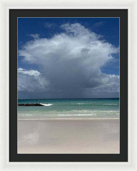 Storm Clouds Over Tranquil Beach - Framed Print