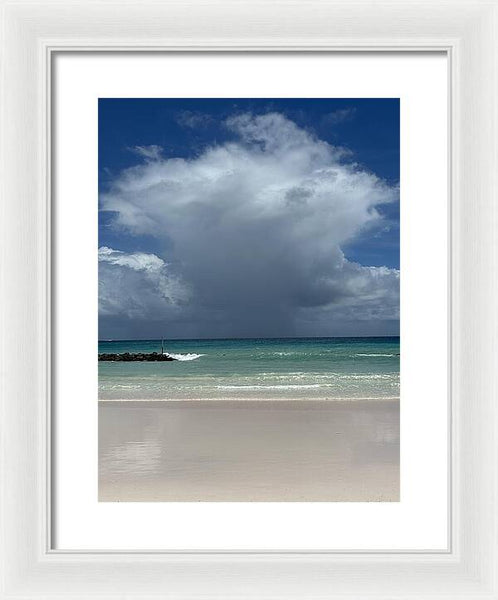 Storm Clouds Over Tranquil Beach - Framed Print