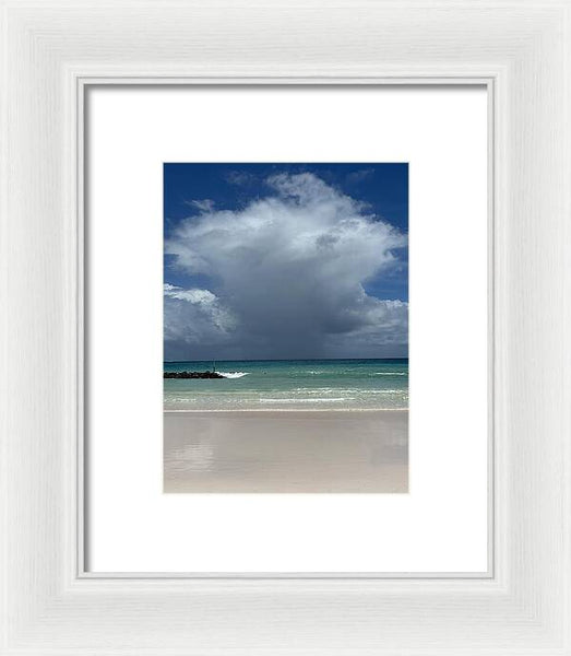 Storm Clouds Over Tranquil Beach - Framed Print