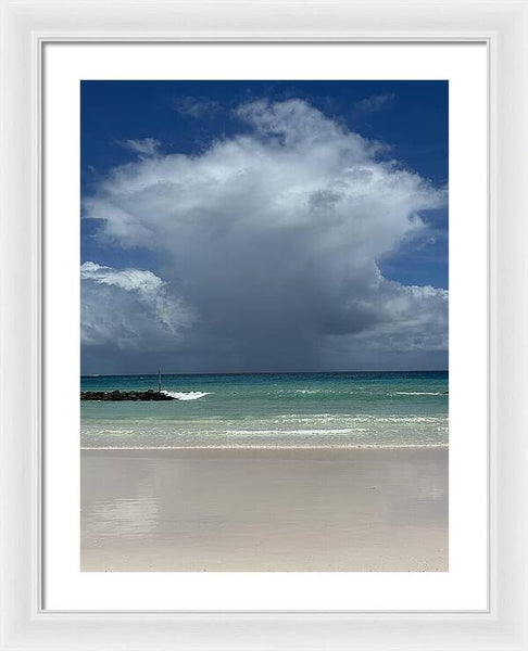 Storm Clouds Over Tranquil Beach - Framed Print