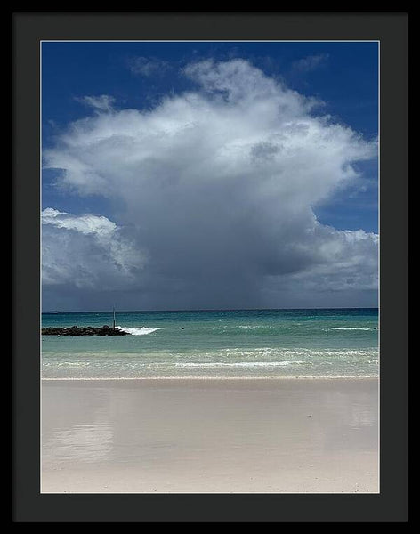 Storm Clouds Over Tranquil Beach - Framed Print