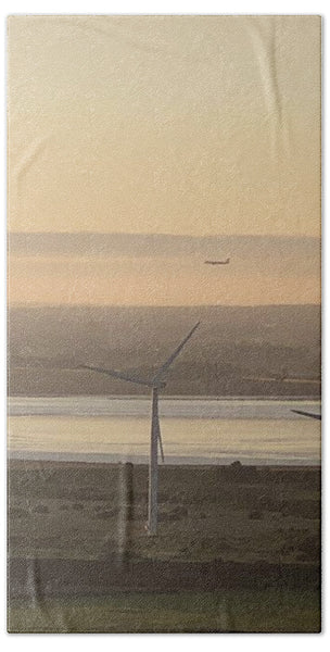 Wind Turbines at Sunset Frodsham UK - Bath Towel