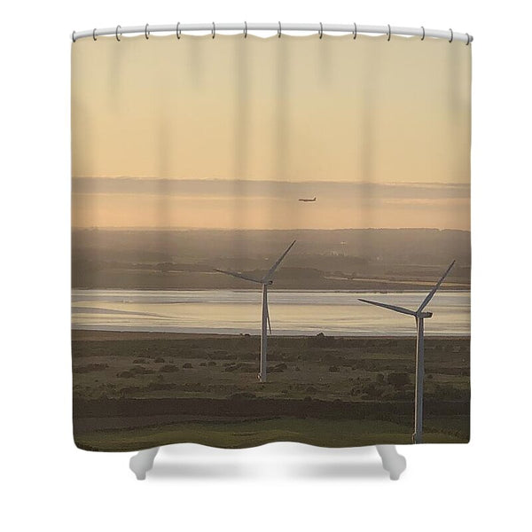 Wind Turbines at Sunset Frodsham UK - Shower Curtain